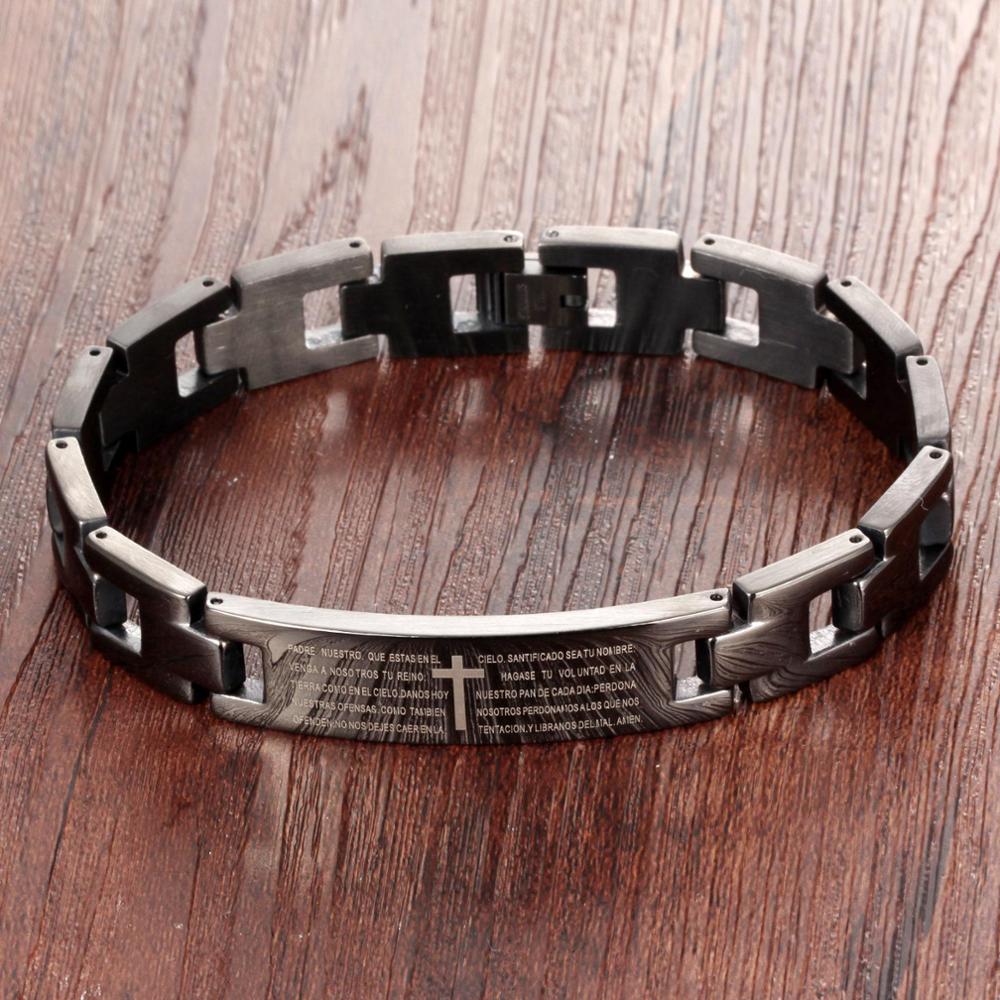 Bijoux fantaisie en acier inoxydable 316L métal anglais espagnol seigneur prière noir mâle hommes Bracelets bracelet
