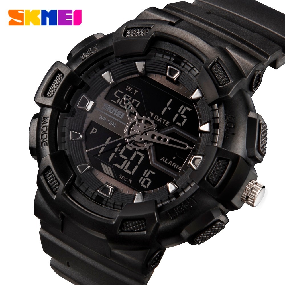 SKMEI 1189 Men Sport Digital Wristwatches Chronograph Alarm Clock Outdoor Full Black Dual Time Display Watches