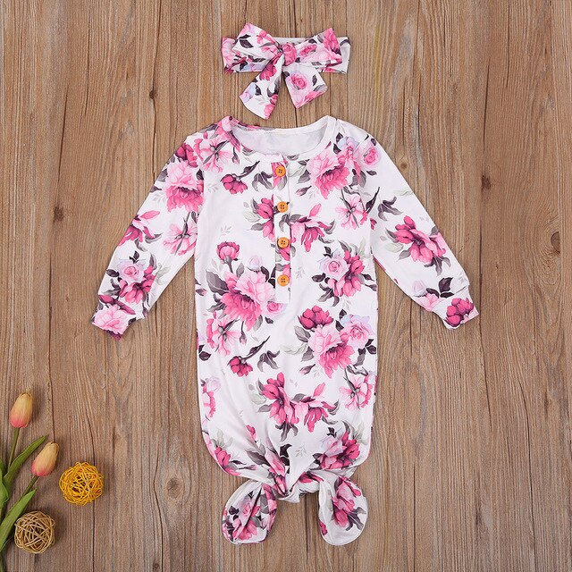 Baby Girls Nightgown Knoted Sleepers with Headband Floral Print Cotton 2 Piece Sleep Set