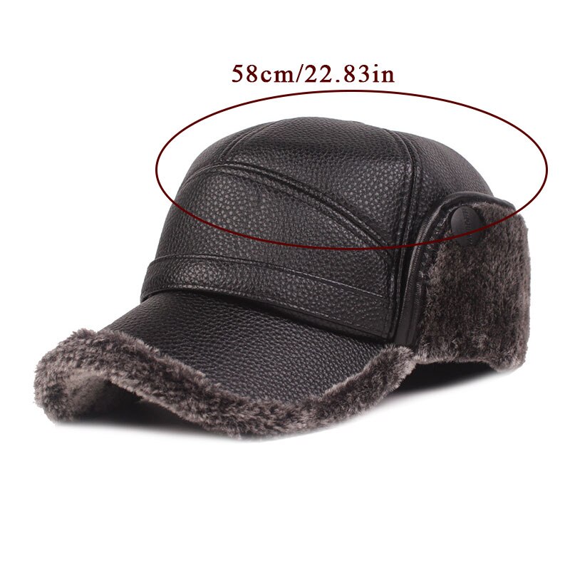Winter Warm Mens Leather Cap Warm Baseball Cap with Ear Flaps Thick Fur Caps for Winter Bomber Hats PU Leather Man Hat