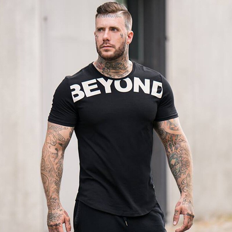 Mænd løber stramt kort t-shirt kompression bomuld t shirt mand gymnastik shirt print fitness bodybuilding jogging tees toppe: Sort / Xxl