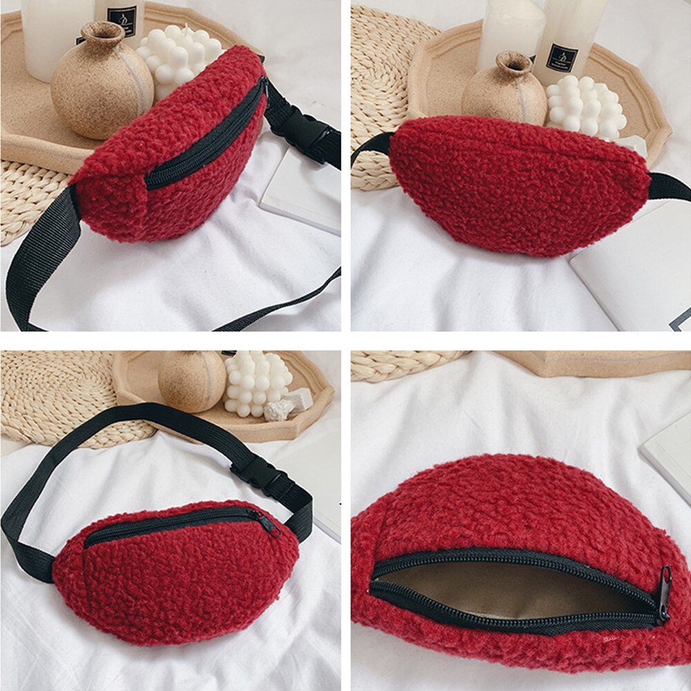 Children Kids Baby Girls Waist Pack Zipper Woolen Solid Adjustable Waist Bag Shoulder Bag