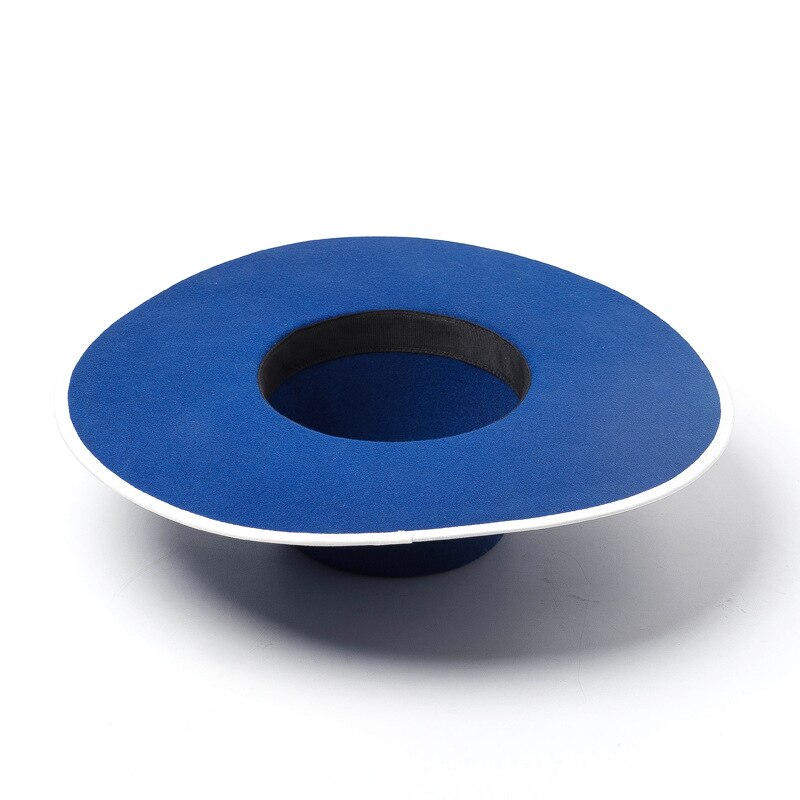 Blue Real Wool Flat Fedora Hat Men Wome Solid color Big Wide Brim Felt Hat Derby Party Church Hat Adjustable Panama Jazz Hat