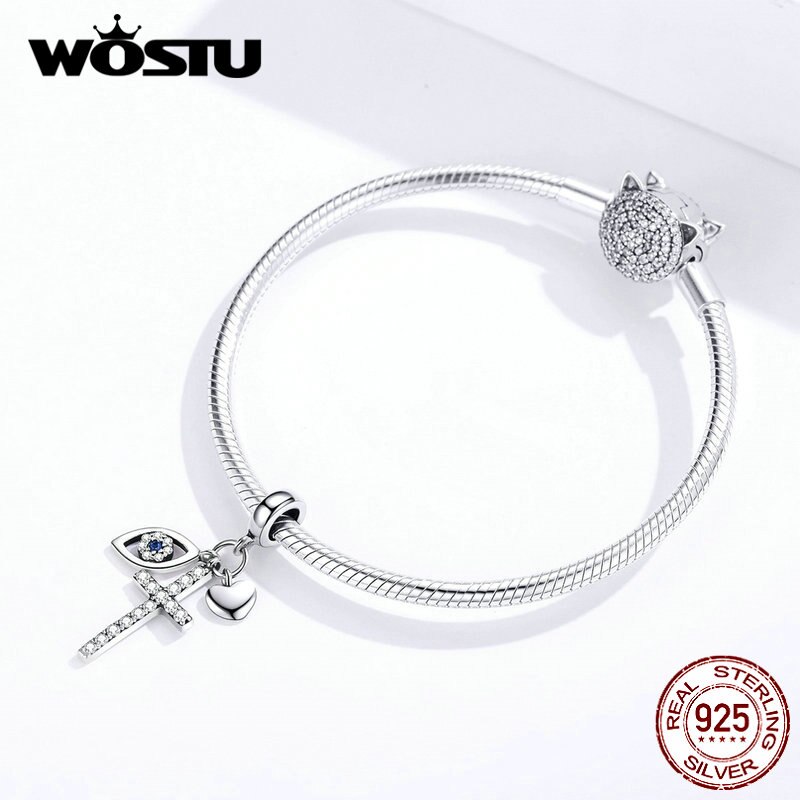 WOSTU Echt 925 Sterling Silber Kreuz Augen Charme Herz Perlen passen Original Armbinde & Armreifen Anhänger Silber 925 Schmuck DXC1327