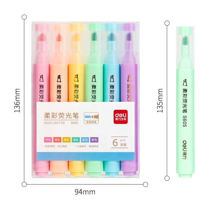 Deli S605 Pastel Markeerstift Fluorescentie Markers 6 Stks/zak Voor Journaling School Kantoorbenodigdheden Markeerstiften Pen