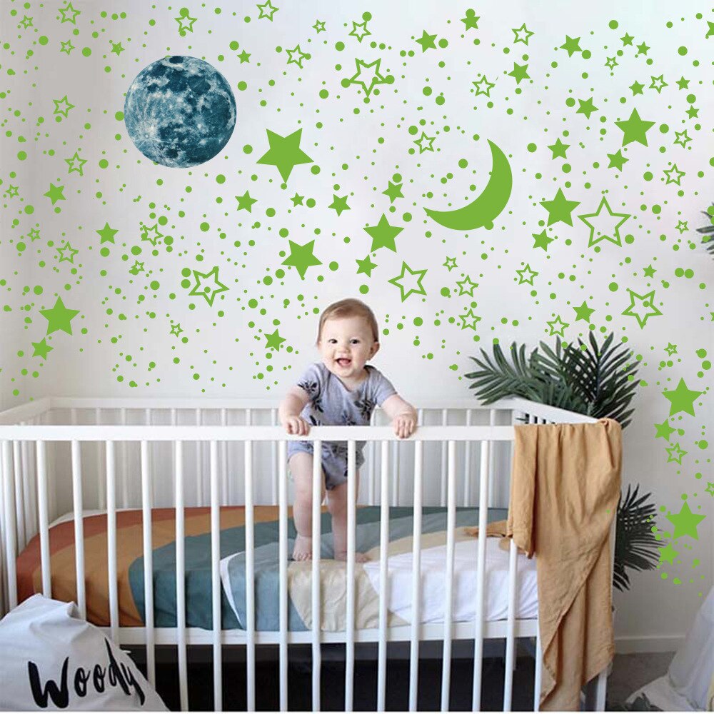 Gloeiende holle ster maan stippen muurstickers huisdecoratie glow in the dark sticker vinyl babykamer slaapkamer woonkamer decoratie