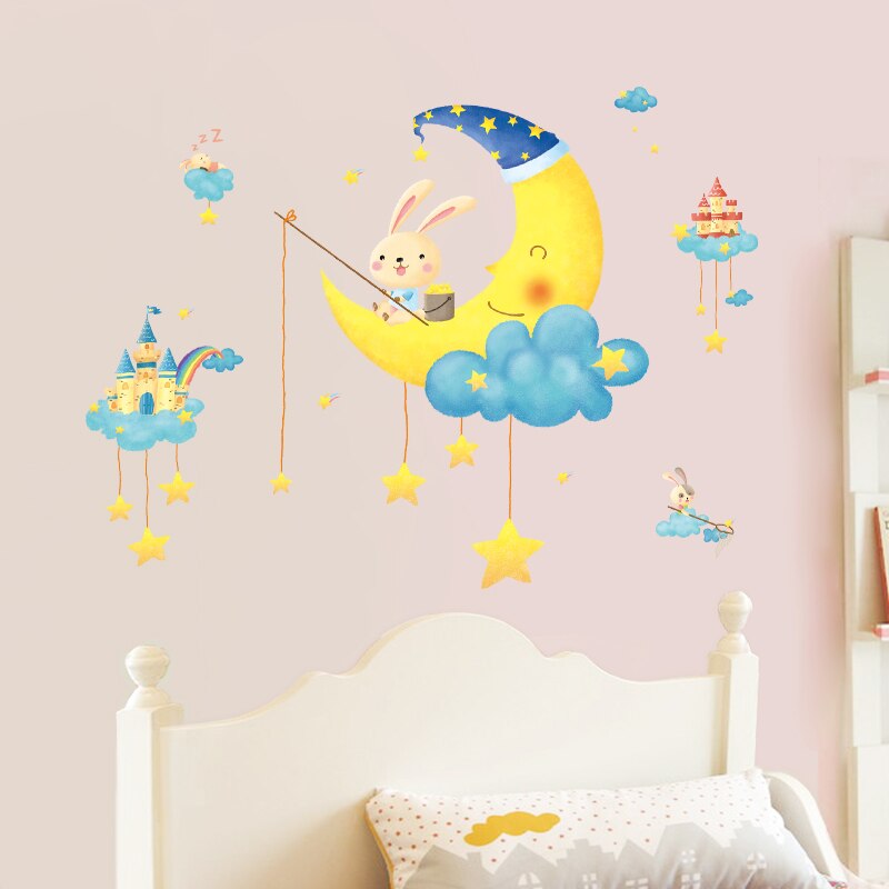 Muurstickers met een cartoon maan en konijn voor kinderkamers, babykamer, kinderkamerdecoratie, zelfklevende vinyl muurstickers, huisdecoratie