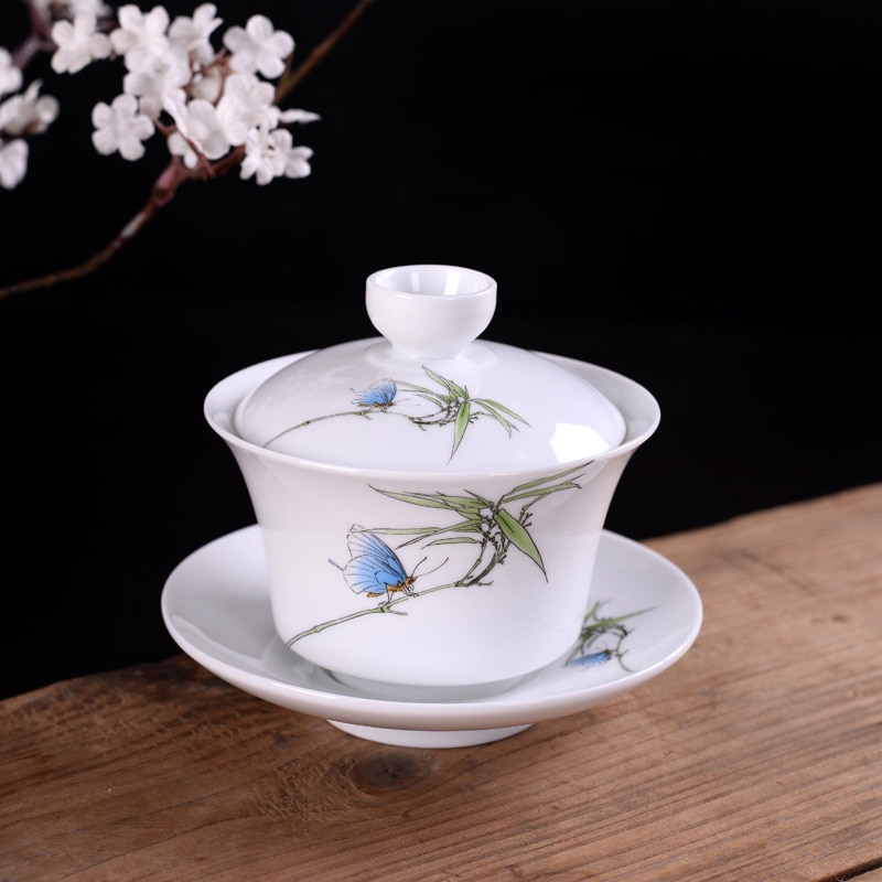 Dipinte A mano Blu e bianco porcellana gaiwan Tè zuppiera Cinese da tè in ceramica impostato ciotola di ciotola coperta con coperchio della tazza piattino