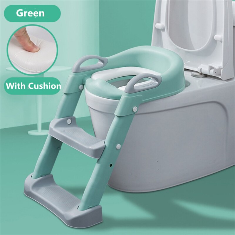 Baby Potty Training Seat Folding Children Pot Infant Baby Potty Seat with Ladder Baby Toilet Training Chair for Baby Boys Girls: Green with Cushion