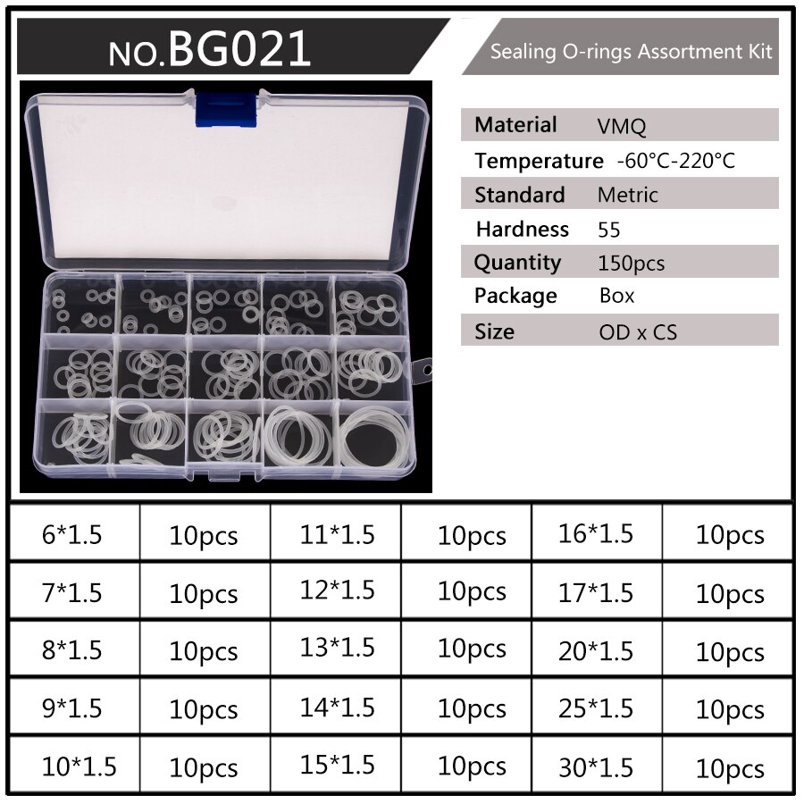 150-225pcs silikonowe VMQ białe uszczelniające o-ringi OD 6mm-35mm CS1mm 1.5mm 1.9mm 2.4mm 3.1mm trwała uszczelka O pierścienie zestaw asortymentowy S5: BG021 x1
