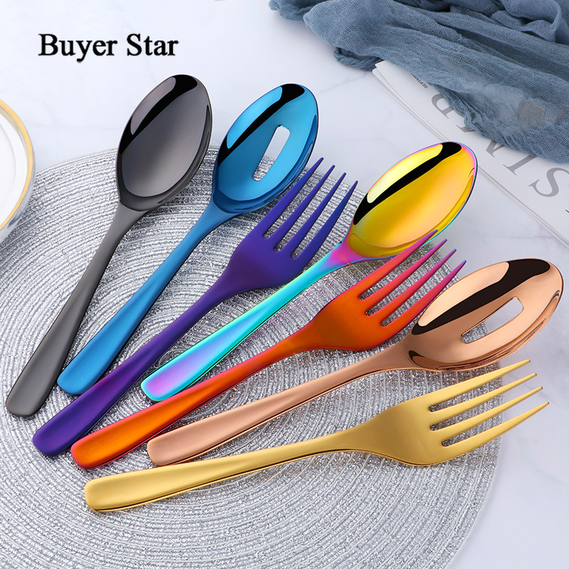 Buyer Star-cucharas de servicio y tenedor para ensalada, colador de cocina de acero inoxidable, iridiscente arcoíris, 7 colores, tamaño grande, 3 piezas