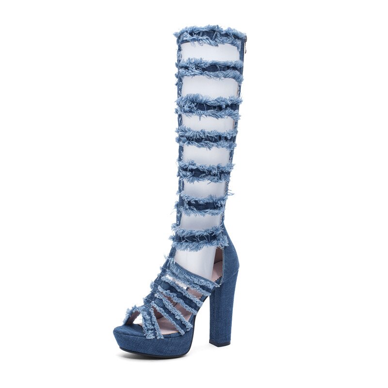 MORAZORA knie hohe stiefel frauen Denim sommer stiefel hoch Fersen plattform schuhe aushöhlen Punk prom stiefel weibliche: Blau / 3