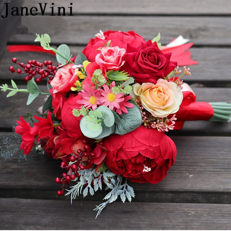 JaneVini Red Peony Rose Bruid Boeket Westerse Bruidsboeket Kunstmatige Eucalyptus Bruidsmeisje Bloemen Broche Accessoires