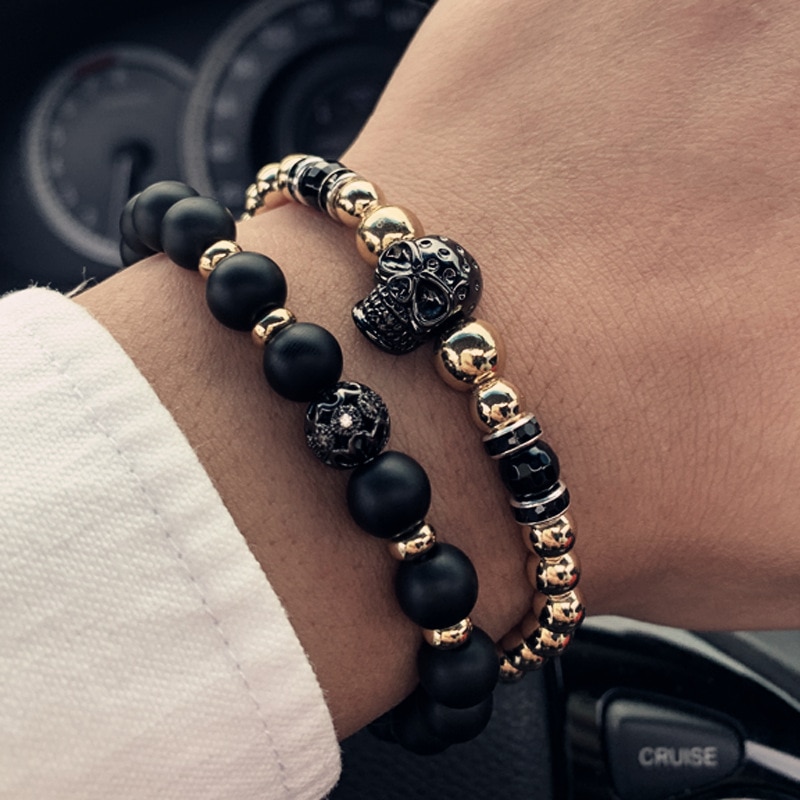 Bracelet luxueux pour hommes, 2 pièces/ensemble, Bracelet à breloques pavé, CZ Punk, perles, crâne, bijoux