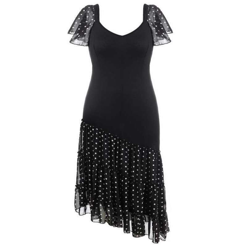 Women Summer Dress Plus Size Black V Neck Short Sleeve Polka Dot Print Patchwork Long Dress Maxi Boho Beach Dresses