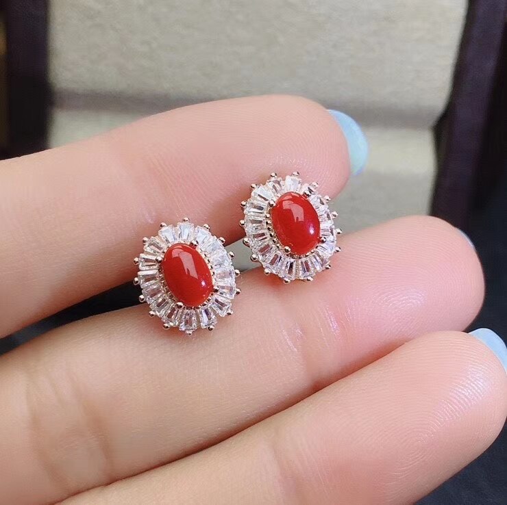 Kjjeaxcmy jóias finas 925 prata esterlina incrustada natural vermelho coral anel pingente brinco conjunto moda suporta teste: earring