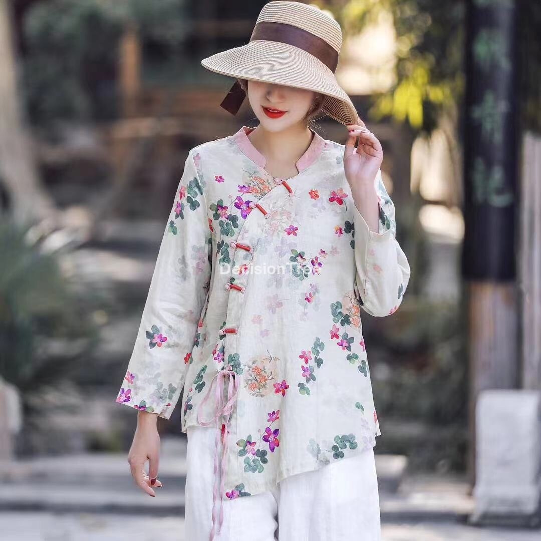 2022 woman traditional chinese qipao top cotton linen half sleeve bow hanfu tops chinese casual vintage tang suit shirt: color5