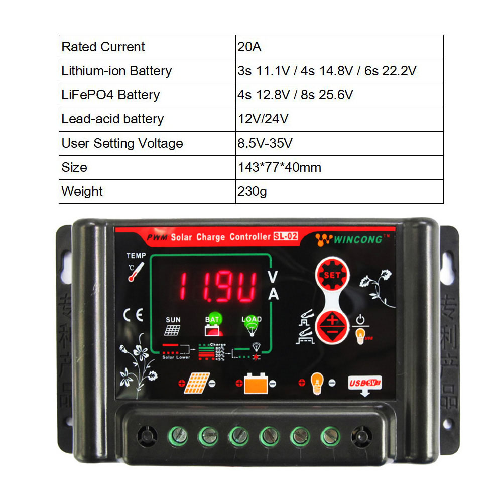 Solar Panel Charge Controllers 30 20 10 A Regulator 12 24 3.7 12.8 11.1 14.8 22.2 25.6 V LI LI-ION NI-MH LiFePO4 Battery: 20A