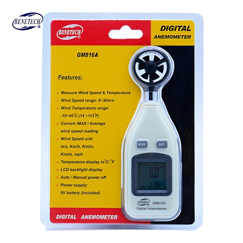 Digital Wind speed anemometer 30m/s (65MPH) LCD Handheld Anemometer wind Thermometer Gauge Meter Measuring instrument GM816A