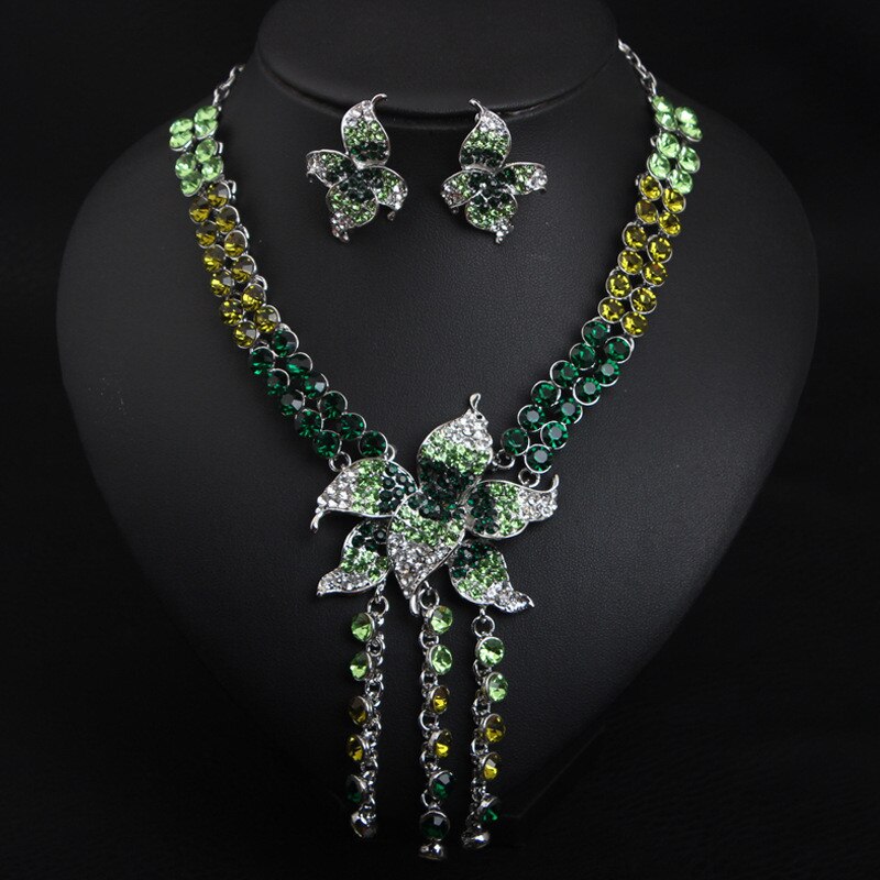 Flower Full Crystal Tassel Necklace Earrings Jewelry Sets Wedding Bridal Party Prom Female Rhinestones Accessories: Green