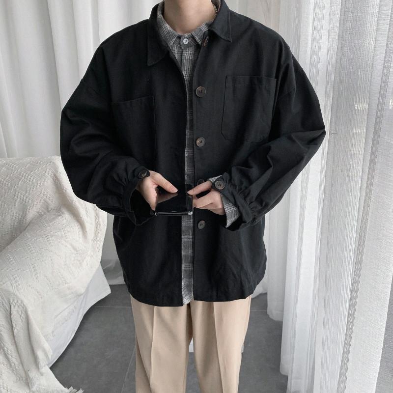 Mænd jakker solid afslappet retro outwear løst simpelt streatwear klassiske all-match chic frakker oversize mandlige jakke vintage: Sort / Xxl