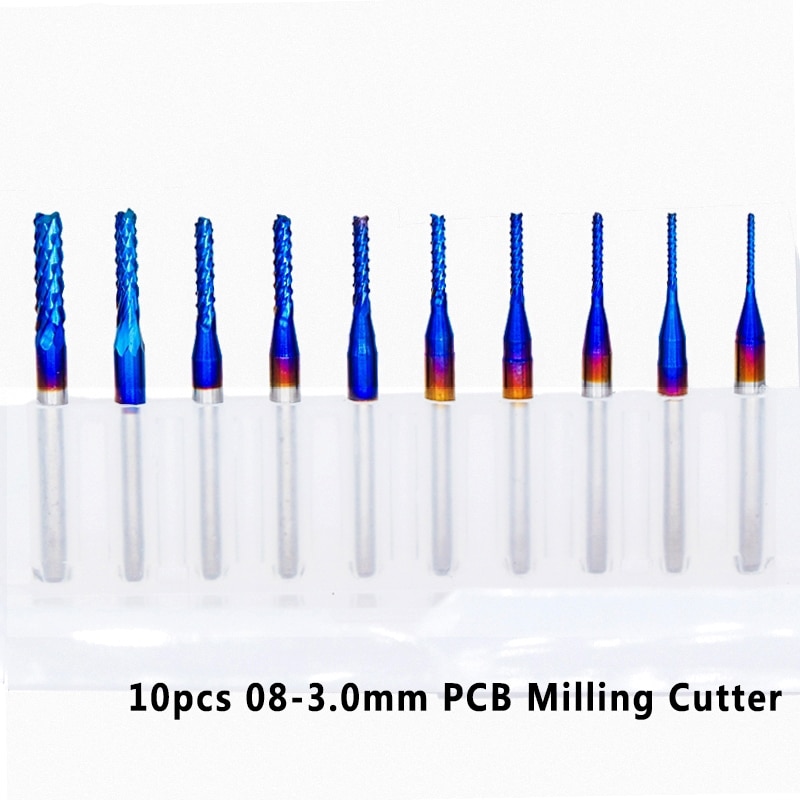 10 stk 0.8-3.0mm cnc freser 3.175mm skaft pcb freser nanoblå belagt hardmetall mikro endefres