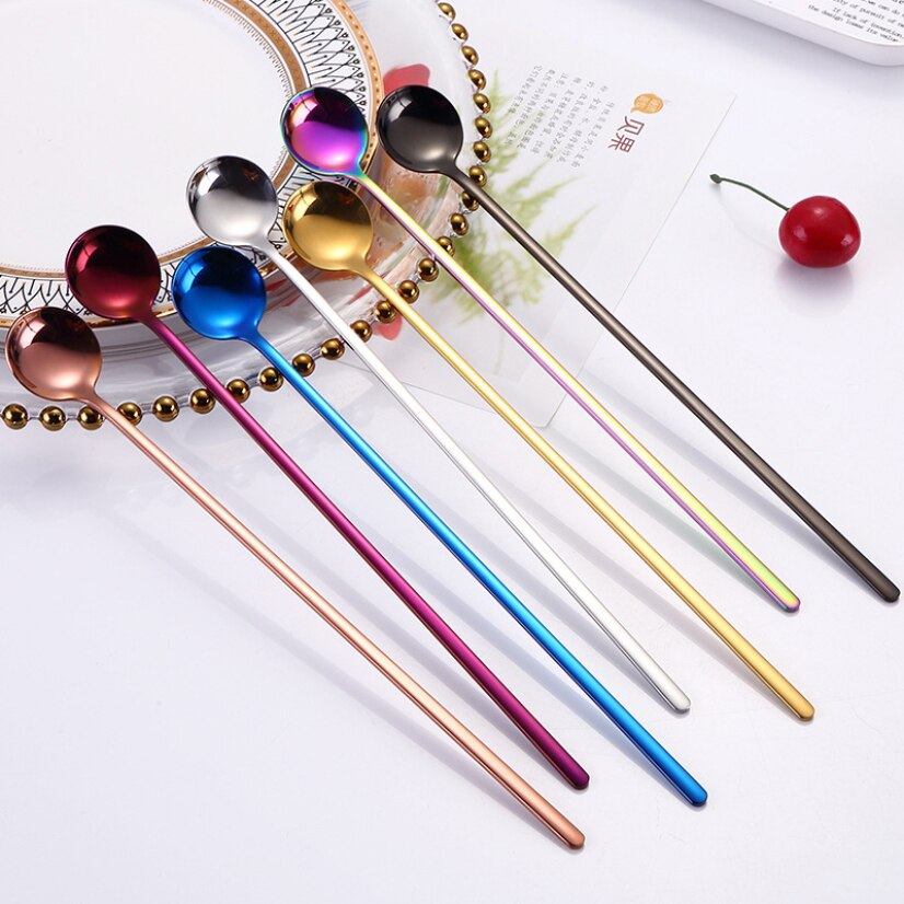 Coffee Tea Stirring Spoon Stainless Steel Dessert Bar Spoon Long Handle Milk Ice Cream Spoon Golden Tableware Household Utensils