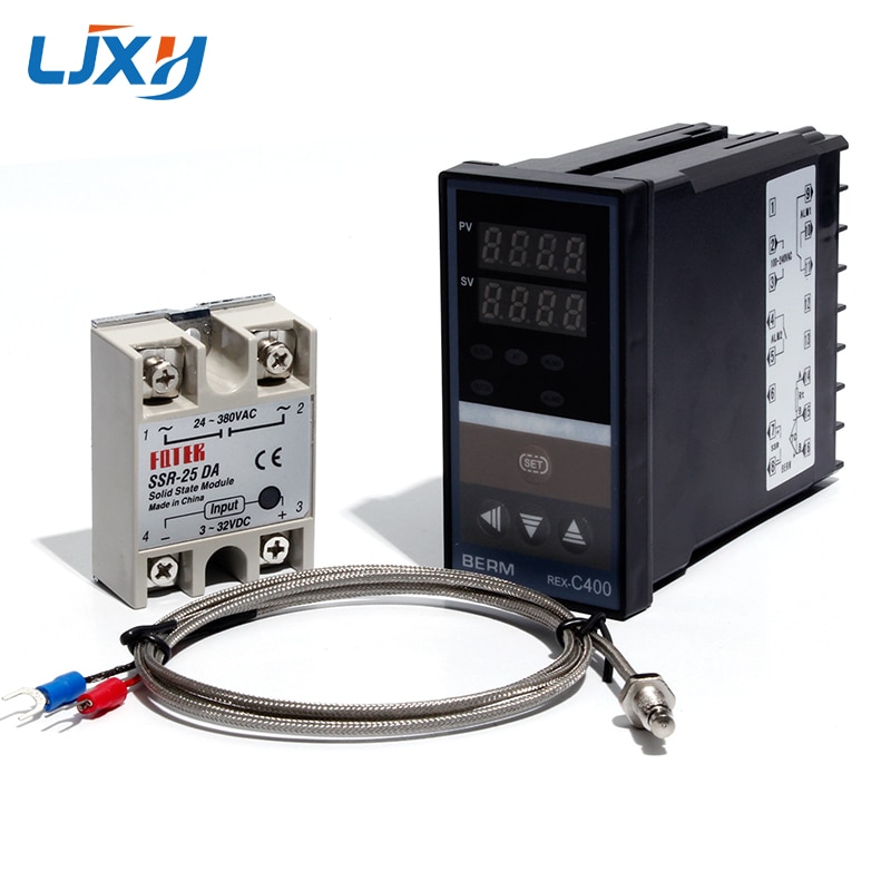 LJXH Dual Digital PID Temperature Controller Set REX-C400 + 25DA/40DA/75DA Solid State Relay + 1m M6 Thread K Thermocouple