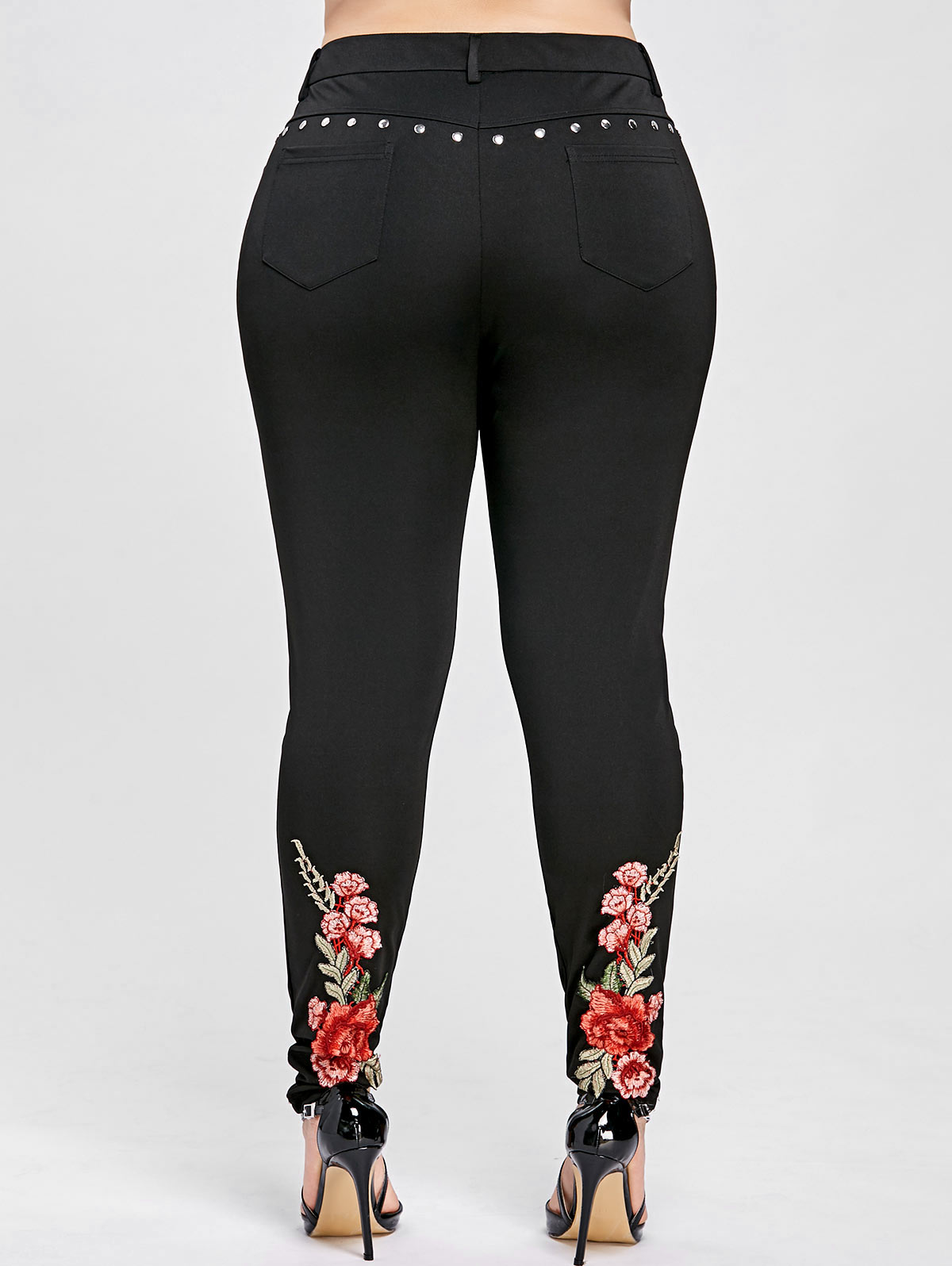 ROSEGAL-pantalones de lápiz con remaches Bordados florales para mujer, mallas ajustadas de talla grande, pantalones elásticos altos, talla grande: XXXL