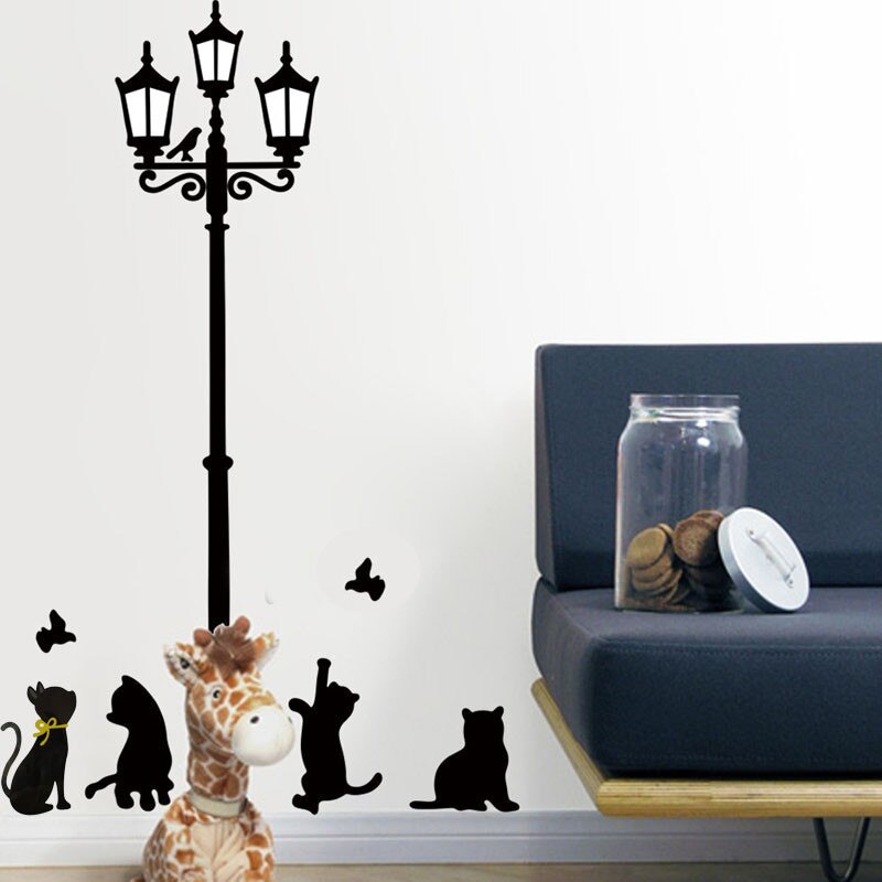 Pegatinas de farola de gatos para pared, decoración de vinilo extraíble, adhesivo de gato para pared debajo de la calle, extraíble