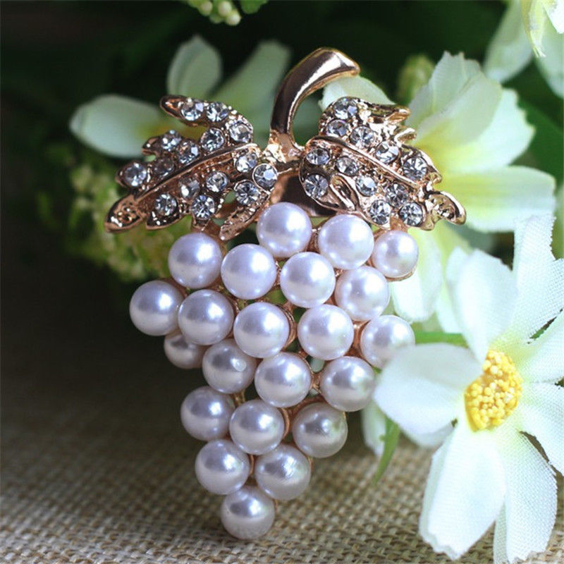 Grapes Brooches Gold-color Imitation Pearl Brooch Rhinestone For Wedding Bridal Dresses Hijab Clip Scarf Buckle Pins