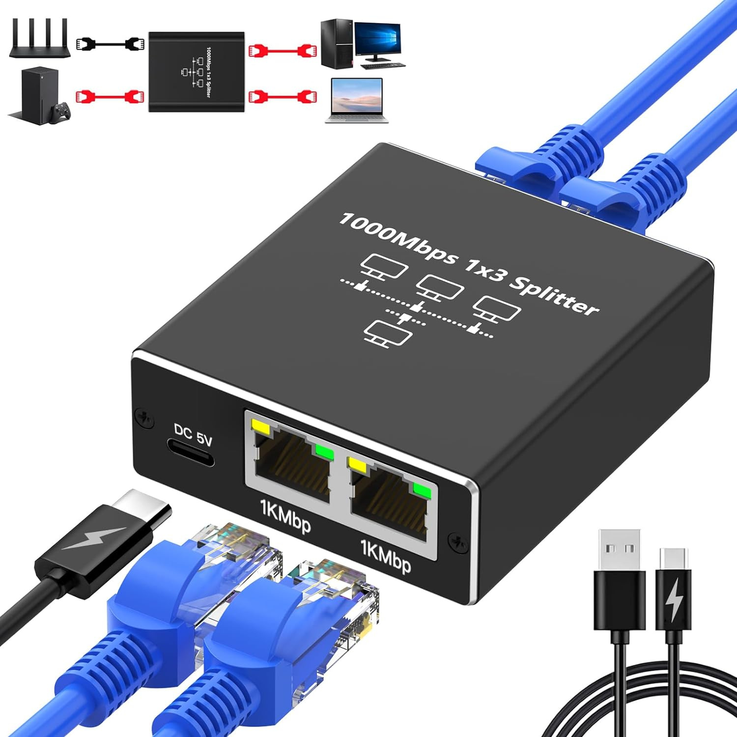 Extender Plug Estensione Splitter di rete Hub 1000Mbps Adattatore RJ45 da 1 a 2 Convertitore Gigabit Internet Ethernet 8P8C Set-Top