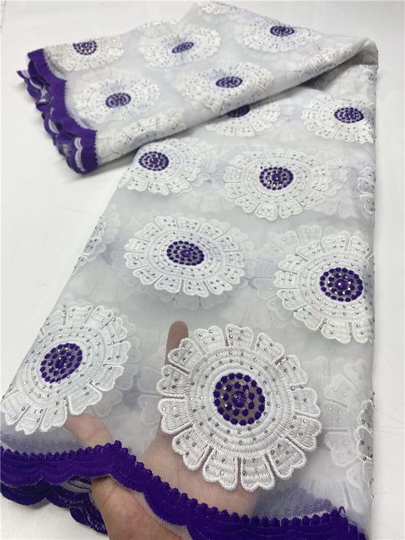 Latest Embroidery French Tulle Lace Fabric With Stones Pure White African Lace Fabric For Wedding Party Sewing YA3652B-2: Picture 1