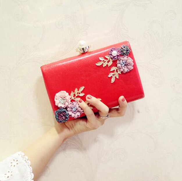 Mode Vrouwen Tas PU Leer Avondtasje Handgemaakte Bloemen Luxe Handtassen Clutch Purse Chain Schoudertas Bruiloft Zakken: Rood