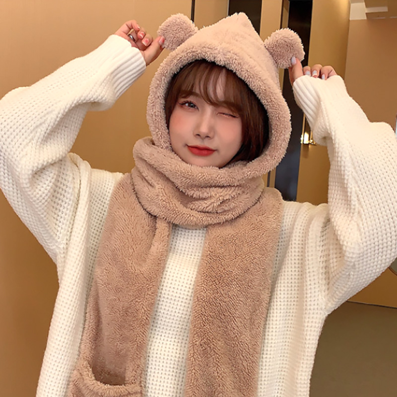 Korean Women Fluffy Plush Warm 3 In 1 Hooded Scarf Hat Gloves Set Cute Cartoon Cat Ears One-Piece Winter Windproof Earflap Cap