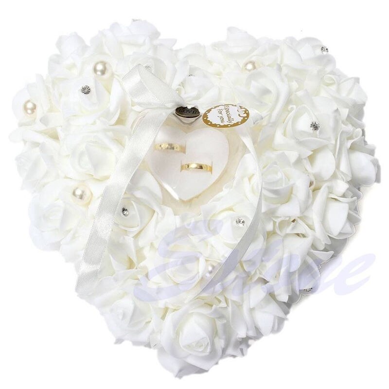 1Pcs Hart-Vorm Rose Bloemen Ring Box Romantische Bruiloft Sieraden Case Ringkussen Kussen Houder Valentijnsdag dag