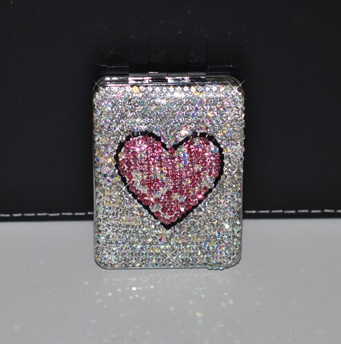 Bærbart håndholdt speil bling rhinestone hjerte sammenleggbart håndmadekorativ lomme mini rundt speil forfengelighet dekor: Firkantet rosa hjerte