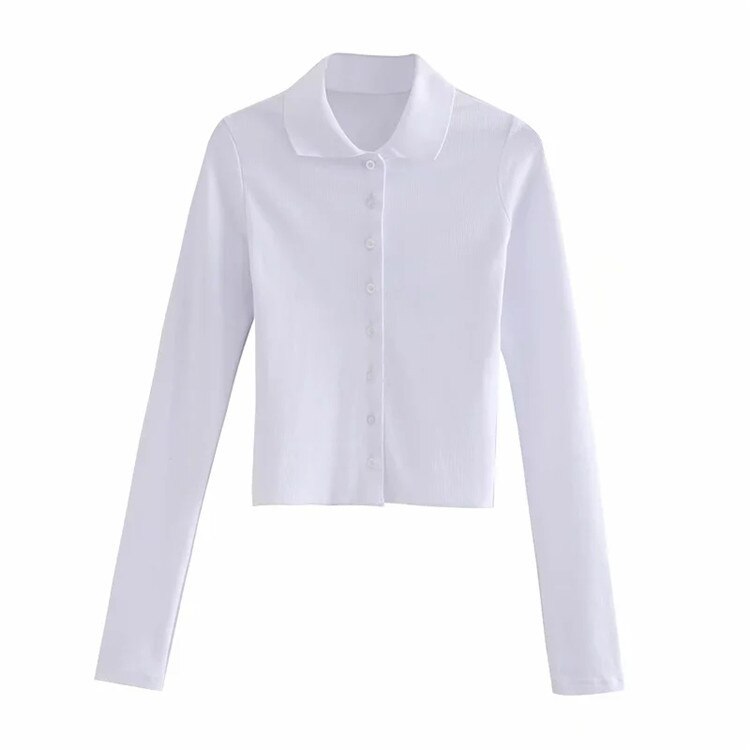 Polo liso de manga larga para mujer, camiseta ajustada acanalada de algodón, con botones, para chica, gris, negro y blanco: 3 / M