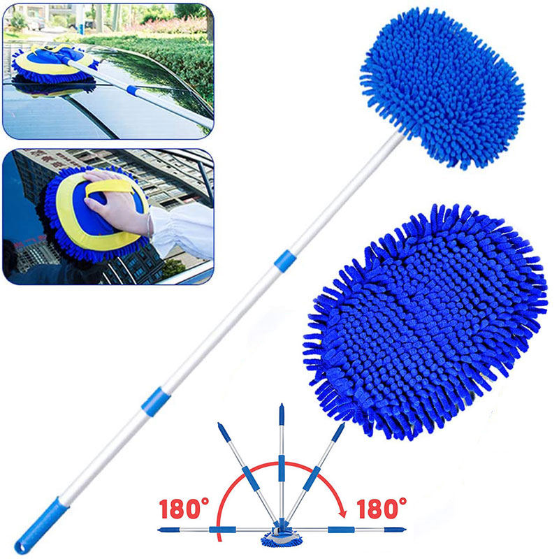 Upgrade 2 in 1 Three section Telescoping Long Handle Car Wash Brush Mop Thick Chenille Microfiber Broom Cleaning Tool