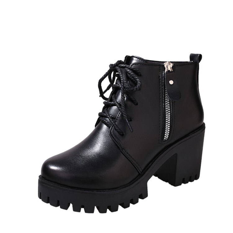 Hoge Hakken Dikke Zolen College Stijl Vrouwen Enkelspel Schoenen Ronde Neus Dik Met Effen kleur Lace-Up Vrouwen Schoenen: 39