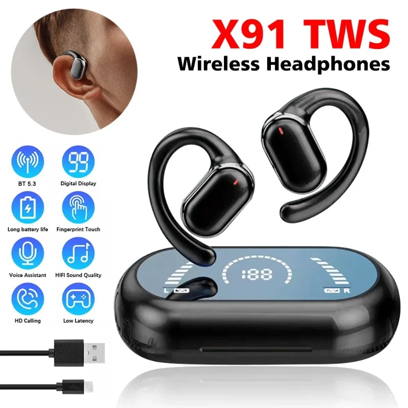 X91 OWS Oorhaak Koptelefoon Bluetooth 5.3 Lage Latency Gaming Sport Headset HiFi Stereo Ruisonderdrukking Oordopjes