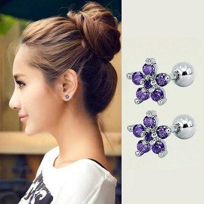 1Pc Rvs Helix Stud Tragus Oorbellen Ronde Cz Kleine Bloem Kraakbeen Rook Knus Conch Oor Piercing Oorbel: silver purple