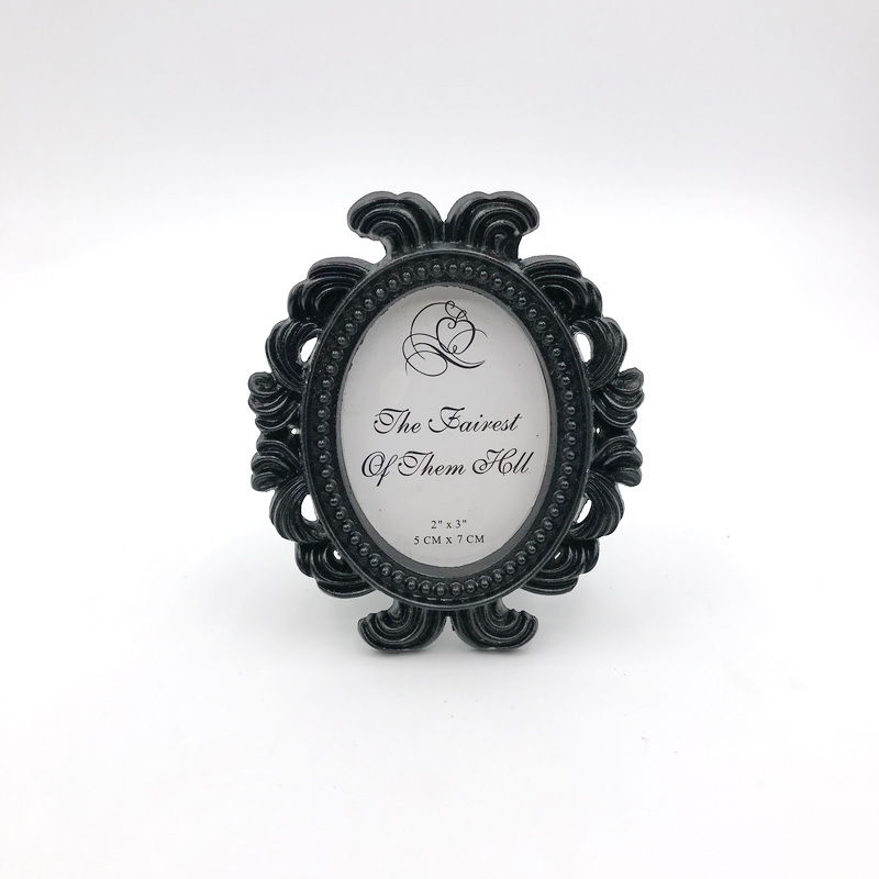 Marco de fotos Floral Retro, marco de fotos elíptico de escritorio, adorno pequeño, soporte de fotos barroco, utilería para fotos, de decoración del hogar de boda: Negro