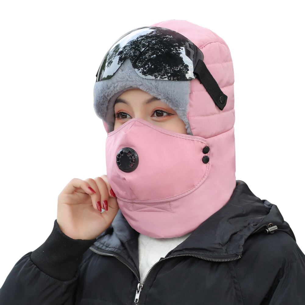 With Glasses Warm Winter Camping Hiking Earflap Protective Thickened Outdoor Snow Caps Full Face Riding Windproof Bomber Hat Ski: Pink / Black Glasses