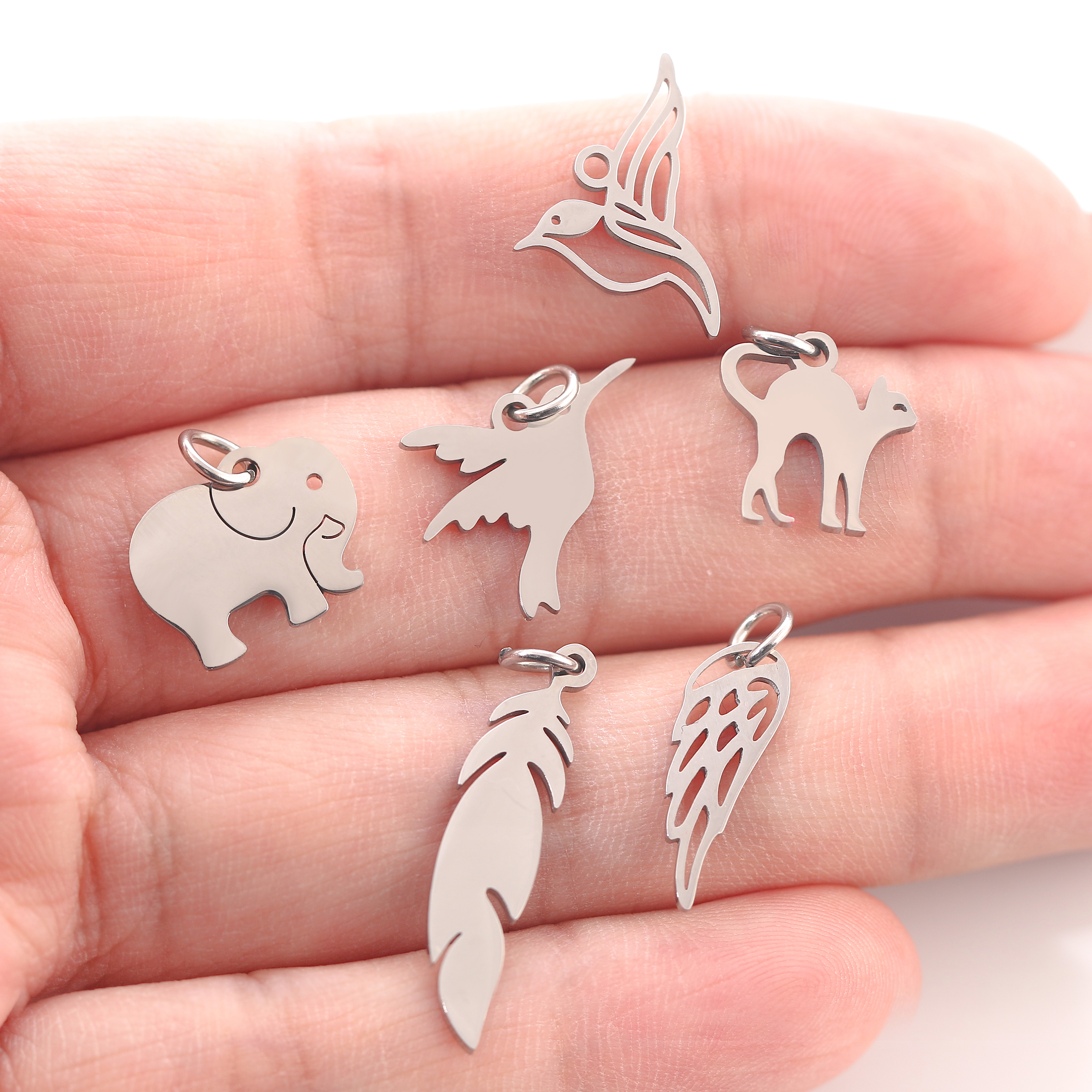 5 stuks/set dierenklauw bedeltjes van roestvrij staal: kat/olifant/kolibrie/yoga bedeltje voor het maken van doe-het-zelf kettingen, oorbellen, sieraden en hangers