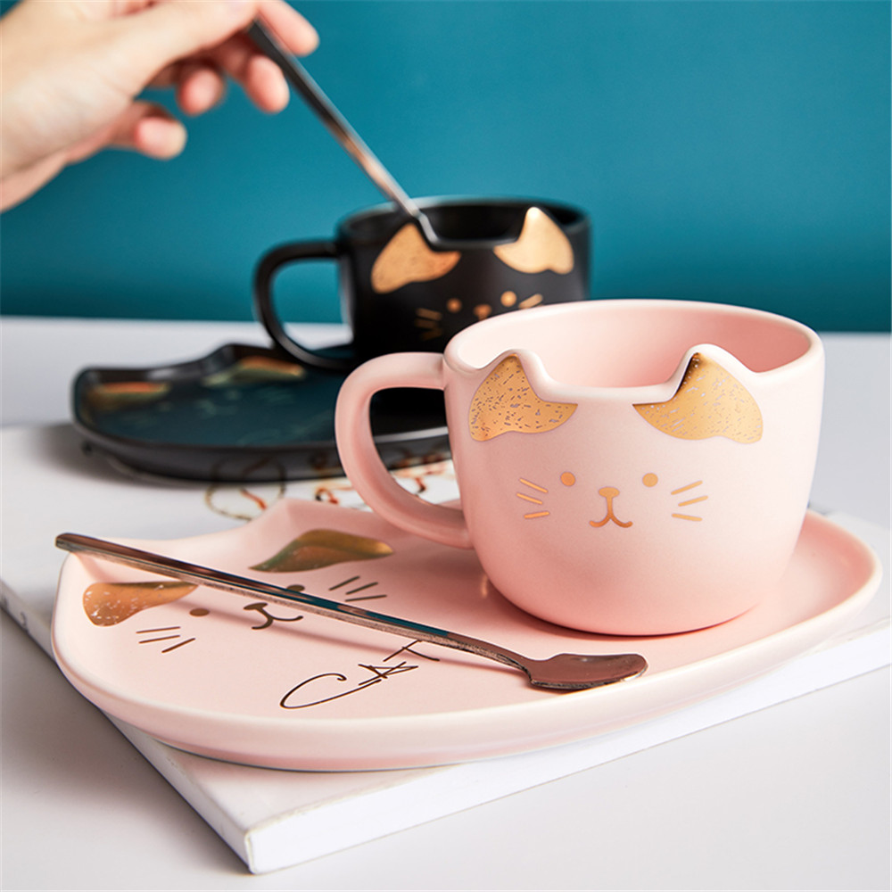 Set de tazas de café de cerámica de gato de dibujos animados té taza y platillo cuchara desayuno taza para café o leche pan plato de postre de pareja