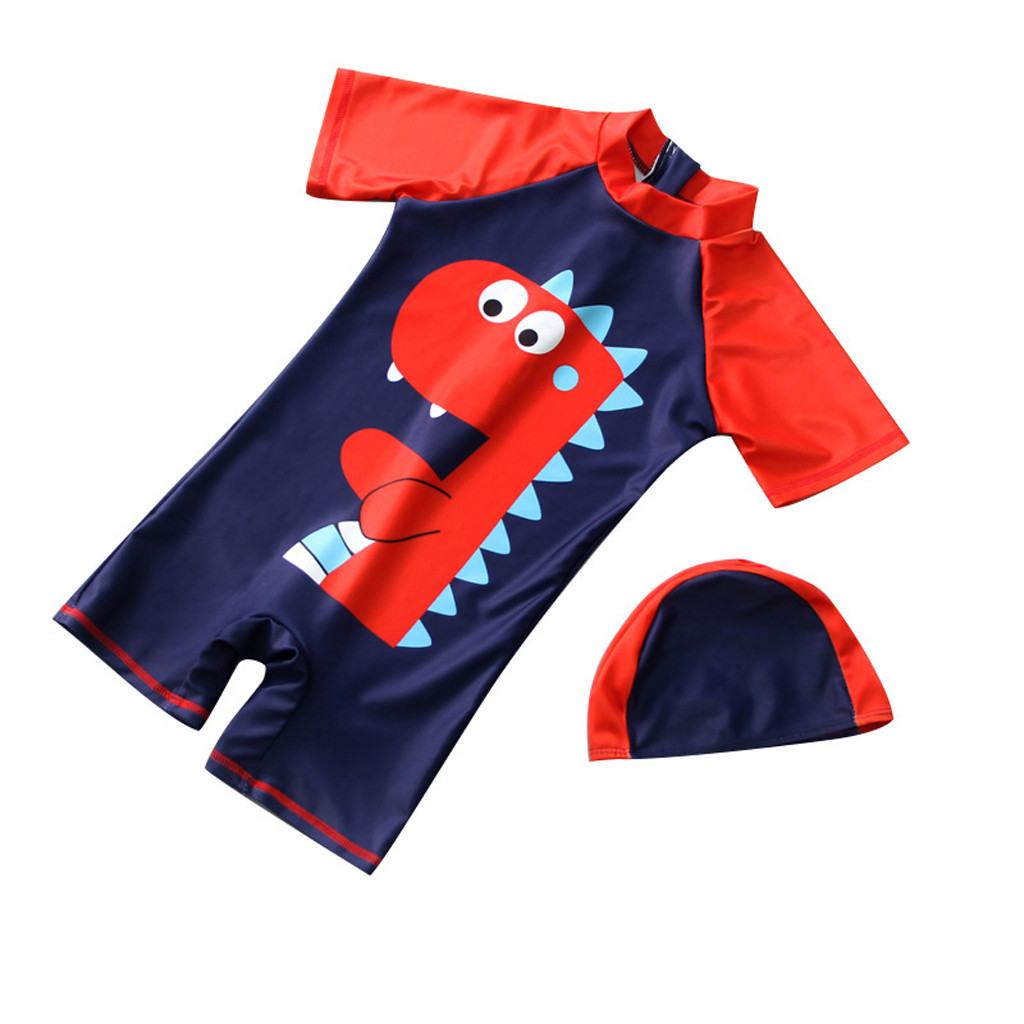 Niños traje de baño Niño bebé manga corta dinosaurio baño piscina playa traje de baño + gorra conjunto de dibujos animados dinosa niños traje de baño: S