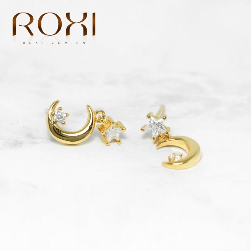 ROXI Cuore Triangolo Quadrato Luna Spille Catena Orecchie di Gatto di Cristallo Orecchini Con Perno Per le donne Ragazze Cartilagine Orecchino gioielli In Argento 925: Moon gold