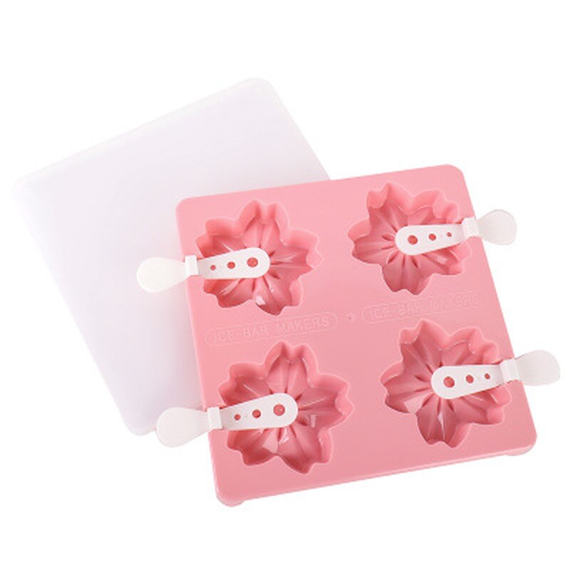 Cute Cartoon Flower Ice Cream Mold 4-hole Ice Tray Tubs Popsicle Maker Kitchen DIY Tools Cube Mold with Lid: Flower Pink