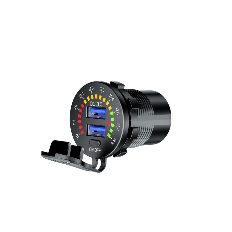 12V 24V QC 3.0 Dual USB Car Charger Waterproof 18W USB Outlet Fast Charge with LED Voltmeter ON OFF Switch Power Cable